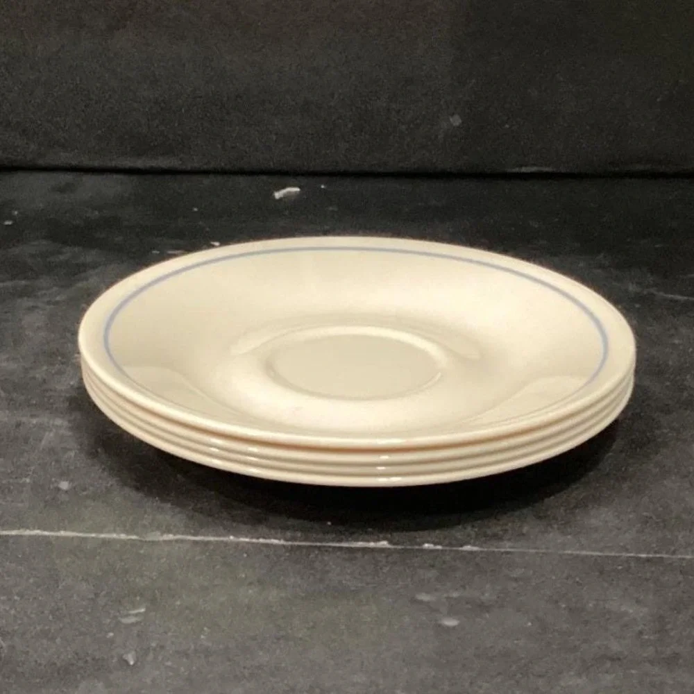 Corelle Corning Needlepoint Coffee Saucers, Set of 4, Vtg Blue Stripe Dinnerware